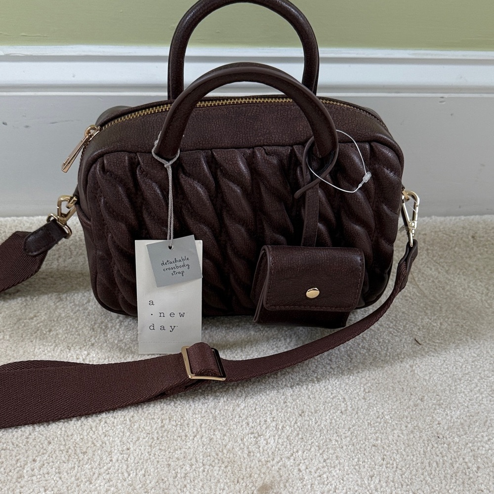New “A New Day” Dark Brown Quilted Crossbody / Satchel Bag.